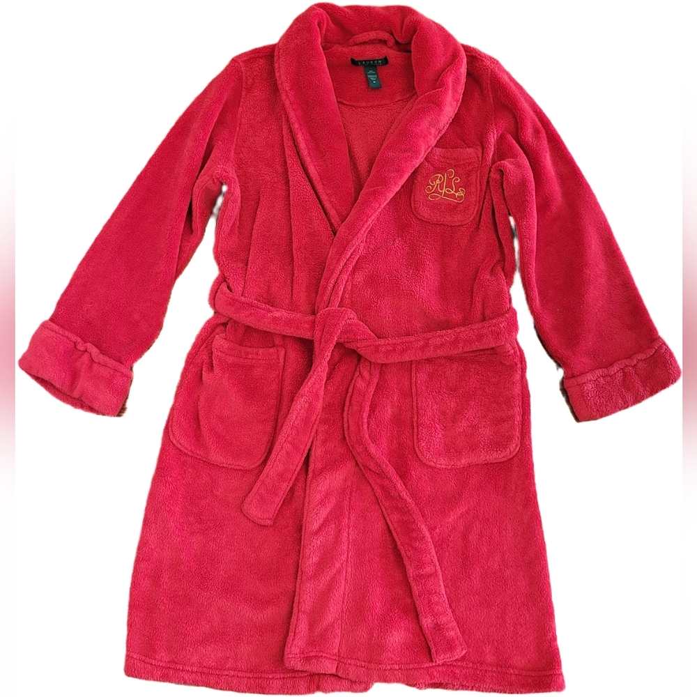 Ralph Lauren Unisex Red Plush Pocket Monogram Lounge Robe - Medium- GUC